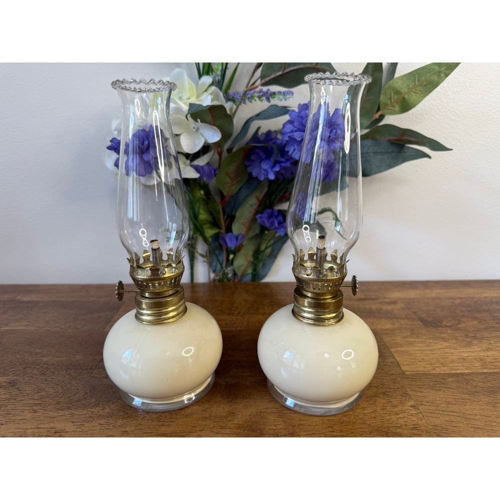 Vintage Cream Cased Glass Oil Lamps Pair Lamplight Farms Italy Hurricane Lamps